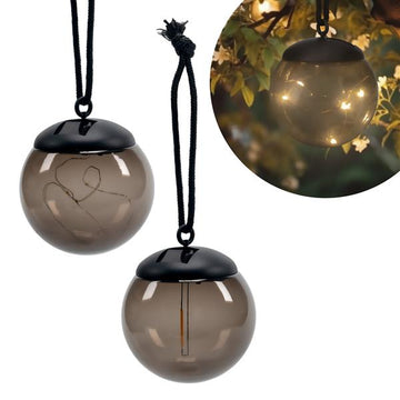 4x Solar-Hängeleuchten in Rauchglas-Smokey-Optik, ca. Ø 10 cm, mit Schnur zum Aufhängen, moderne Solarleuchte für den Garten, Balkon, Terrasse