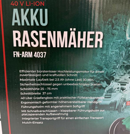 Ferrex FN-ARM 4037 40-V-Akku-Rasenmäher, ca. 37 cm Schnittbreite, Rasenflächen bis ca. 250 qm [Ohne Akku und Ladegerät]