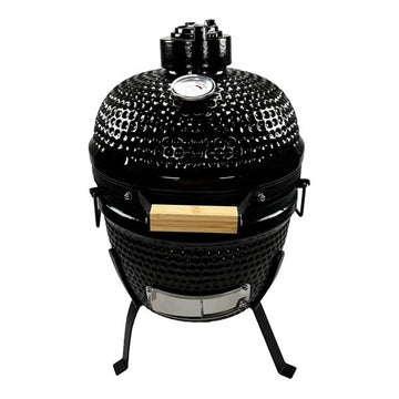 Kamado Holzkohle Grill, ca. Ø 27 cm Grillrost, BBQ Mini Keramik Grill mit Deckel-Thermometer, Holzgriff und Temperaturregler, ideal zum Grillen, Garen, Räuchern, Smokern