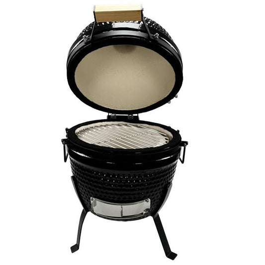 Kamado Holzkohle Grill, ca. Ø 27 cm Grillrost, BBQ Mini Keramik Grill mit Deckel-Thermometer, Holzgriff und Temperaturregler, ideal zum Grillen, Garen, Räuchern, Smokern