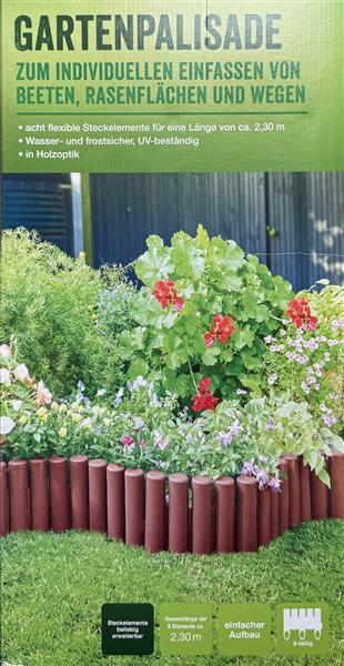 Gartenpalisade aus Kunststoff in Holz-Optik zum Stecken, 8 Elemente mit einer Gesamtlänge ca. 2,30 m, erweiterbar