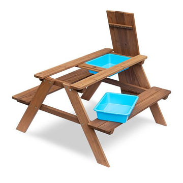 2 in 1 Kindersitzgruppe, Kombination aus Outdoor Kindersitzbank und Matsch-Wasserspieltisch, inkl. 2 Behälter, ca. 88 x 51 x 88 cm, Massivholz – lasiert, ab 2 Jahre