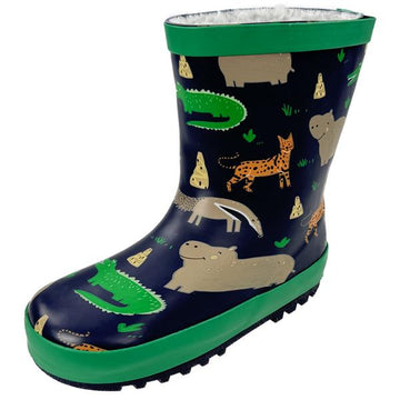 Kinder Regenstiefel | leicht gefüttert | Größen 23 -29 | Gummistiefel für Jungen | navy-grün | mit Aufdruck „Wilde Tiere“