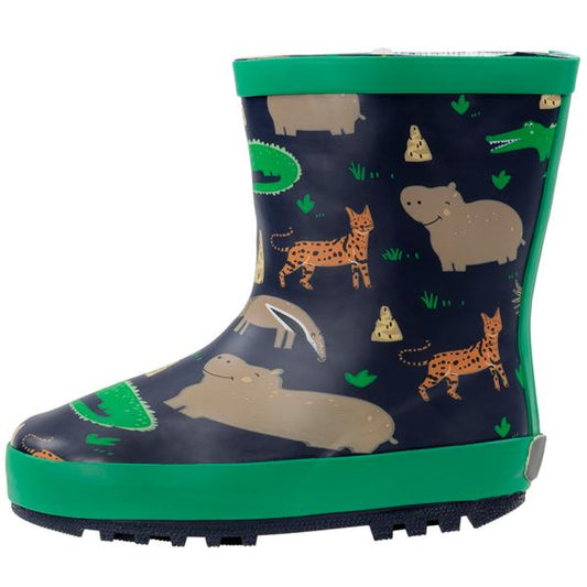 Kinder Regenstiefel | leicht gefüttert | Größen 23 -29 | Gummistiefel für Jungen | navy-grün | mit Aufdruck „Wilde Tiere“