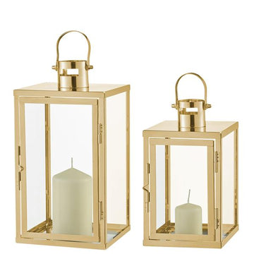 2er Set Metall Bodenlaterne mit Echtglasscheiben, Höhe: 34,5 & 25 cm (gold, Flachdach)