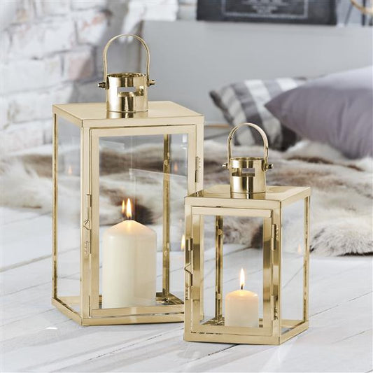 2er Set Metall Bodenlaterne mit Echtglasscheiben, Höhe: 34,5 & 25 cm (gold, Flachdach)