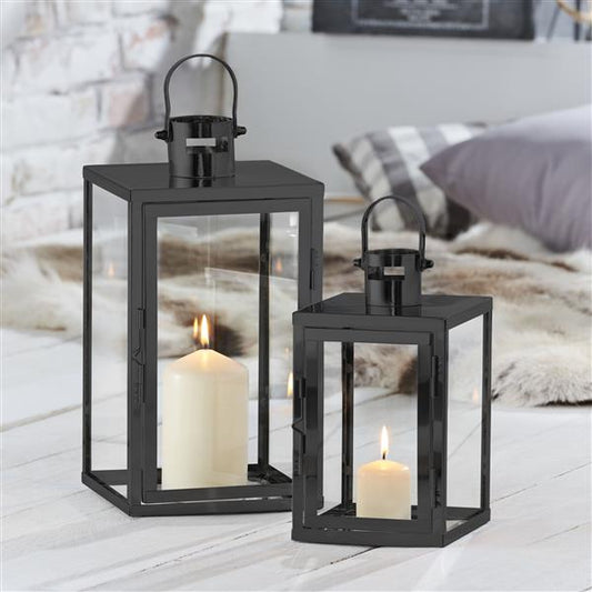 2er Set Edelstahl Bodenlaterne mit Echtglasscheiben, Höhe: 34,5 & 25 cm (schwarz, Flachdach)