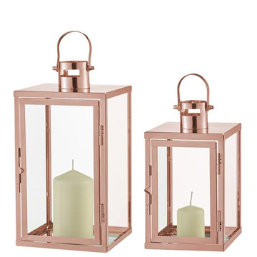 2er Set Edelstahl Bodenlaterne mit Echtglasscheiben, Höhe: 34,5 & 25 cm (rosegold, Flachdach)
