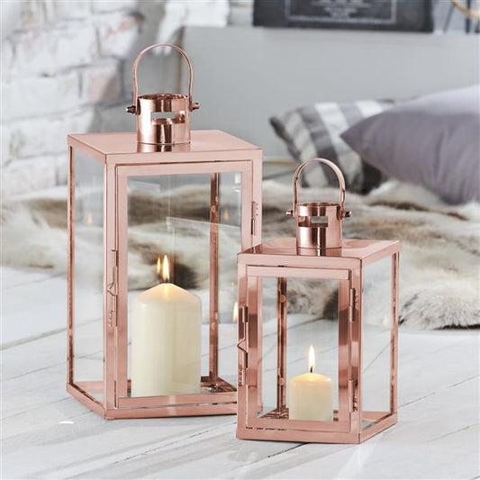 2er Set Edelstahl Bodenlaterne mit Echtglasscheiben, Höhe: 34,5 & 25 cm (rosegold, Flachdach)