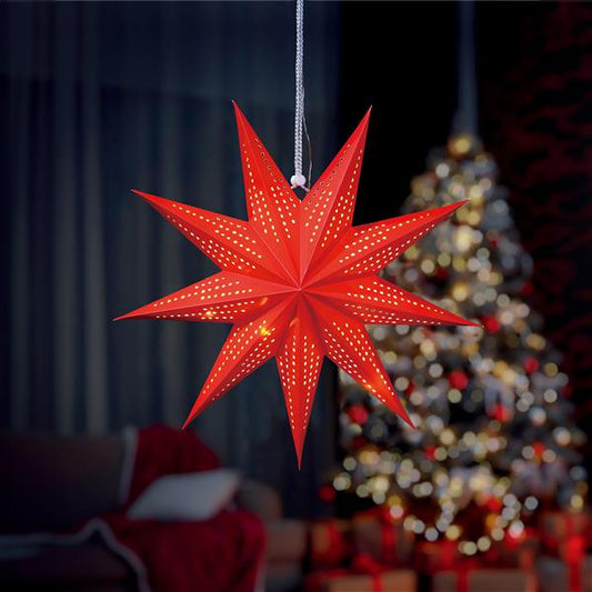 Weihnachtsstern aus Papier zum Aufhängen | ca. Ø 45 cm | inkl. 10er LED Lichterkette | batteriebetrieben | faltbarer Papierstern | idealer Leuchtstern als Fensterdeko (rot)