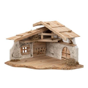 Große Weihnachtskrippe | aus Holz und Gips gefertigt | mit Moos, Steinen und Stroh geschmückt | sehr detailreiche Krippe (ca. 38,5 x 38,5 x 29 cm (BxTxH))