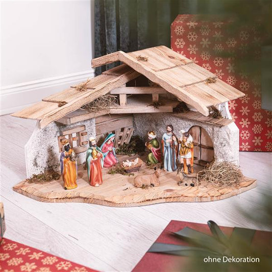Große Weihnachtskrippe | aus Holz und Gips gefertigt | mit Moos, Steinen und Stroh geschmückt | sehr detailreiche Krippe (ca. 38,5 x 38,5 x 29 cm (BxTxH))