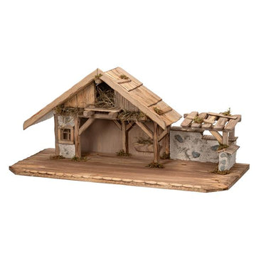 Große Weihnachtskrippe | aus Holz und Gips gefertigt | mit Moos, Steinen und Stroh geschmückt | sehr detailreiche Krippe (ca. 70 x 30 x 31 cm (BxTxH))
