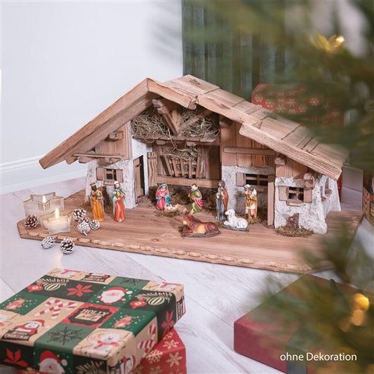 Große Weihnachtskrippe | aus Holz und Gips gefertigt | mit Moos, Steinen und Stroh geschmückt | sehr detailreiche Krippe (ca. 89 x 40 x 38 cm (BxTxH))
