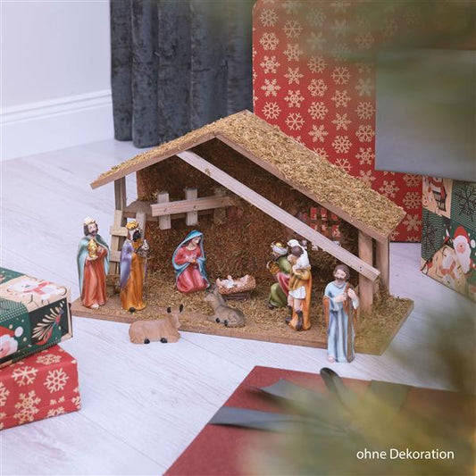 Krippenstall aus Holz mit Moos-Deko | ideale Weihnachtskrippe ohne Figuren zum selbst dekorieren | Maße Krippe: ca. 29 x 15 x 23 cm