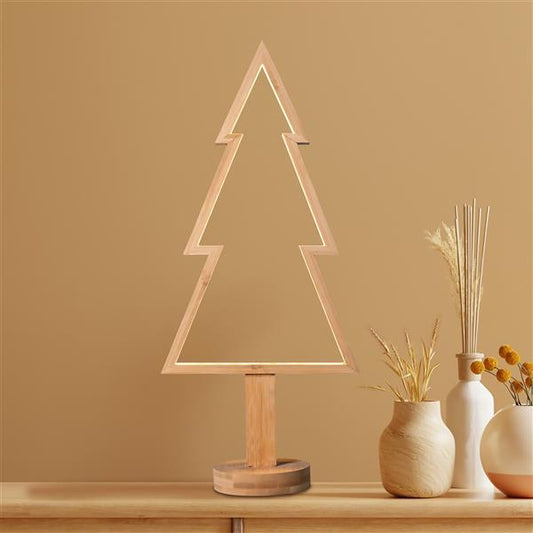 LED Deko-Tanne Tischleuchte mit 60 LEDs beleuchtet | aus Bambus-Holz gefertigt | batteriebetrieben | Timer | ca. 50 cm hoch | moderne Weihnachtsdeko