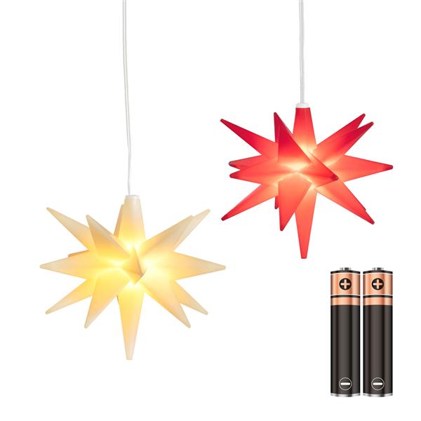 2er Set Weihnachtsstern ca. Ø 12 cm im 3D Design beleuchtet zum Hängen | ideal als Fenster-Stern für innen und außen | aus robustem Kunststoff | batteriebetrieben | Timer
