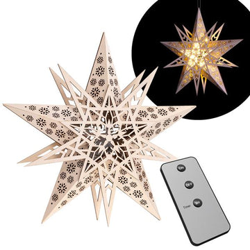 Weihnachtsstern Ø 30 cm aus Holz mit 10er LED Lichterkette beleuchtet | Fenster-Stern mit praktischer Fernbedienung und Timer | kabellos | mit Batterie