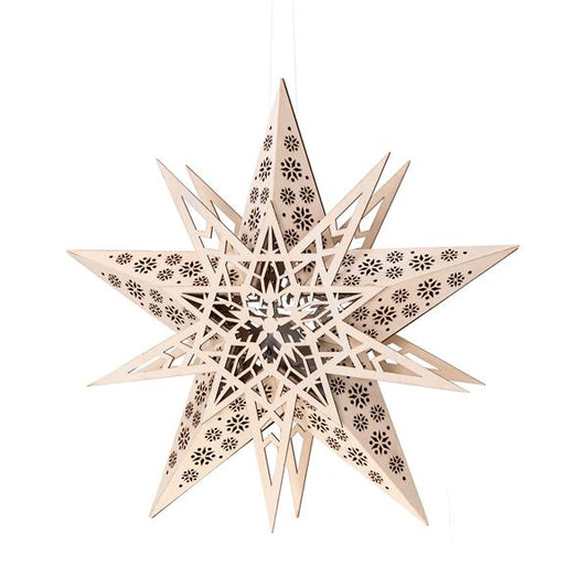 Weihnachtsstern Ø 30 cm aus Holz mit 10er LED Lichterkette beleuchtet | Fenster-Stern mit praktischer Fernbedienung und Timer | kabellos | mit Batterie