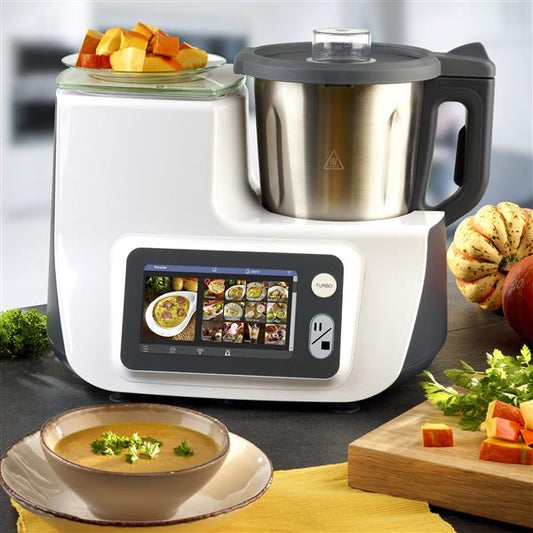 COMV! Küchenmaschine mit Kochfunktion und WLAN – App-Steuerung | Multifunktionsküchenmaschine | 7 Zoll Farbdisplay | vorinstallierte Rezepte | 1200 Watt | 12 Funktionen (B-Ware)