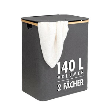 Wäschekorb | 140 Liter | 2 Fächer | mit Deckel und Bambus-Rahmen | Wäschesammler mit 2x Wäschesack zum herausnehmen | grau-anthrazit | ca. 57x37,5x67 cm | faltbar