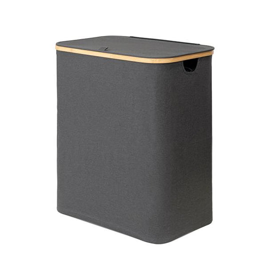 Wäschekorb | 140 Liter | 2 Fächer | mit Deckel und Bambus-Rahmen | Wäschesammler mit 2x Wäschesack zum herausnehmen | grau-anthrazit | ca. 57x37,5x67 cm | faltbar