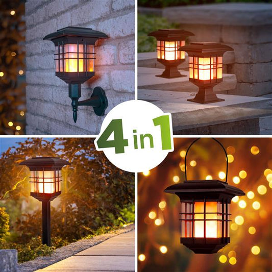 4 in 1 Solar Gartenlaterne mit LED-Beleuchtung im Flammeneffekt-Design | zum Stecken, Hängen oder Hinstellen, einfache Montage, kabellos