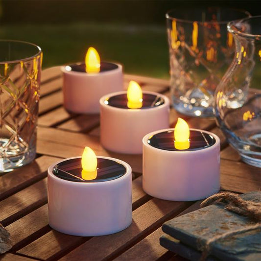 4 Stück Solar Teelichter, ca. Ø 6 x 6,5 cm, wiederverwendbare Lichter für den Außenbereich, wasserfest, Flackermodus, 200 mAh Akku