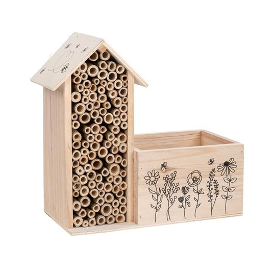 2-in-1 Insektenhotel mit Blumenfach | aus Naturholz | liebevoll gestaltet | zum Hängen | ca. 28 x 26 x 12,5 cm