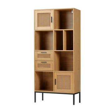 Wohnregal in Rattan-Optik mit 2 Türen, 2 Schubladen und 6 Fächer | ca. 75 x 167,5 x 35 cm | modernes Wohnzimmer-Regal aus Metall und MDF-Holz | stehend