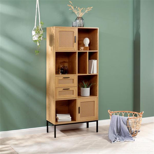 Wohnregal in Rattan-Optik mit 2 Türen, 2 Schubladen und 6 Fächer | ca. 75 x 167,5 x 35 cm | modernes Wohnzimmer-Regal aus Metall und MDF-Holz | stehend