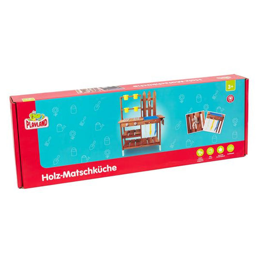 Matschküche aus Holz für Kinder | ca. 73 x 33 x 93-99 cm | inkl. Zubehör | Outdoor Küchen-Set