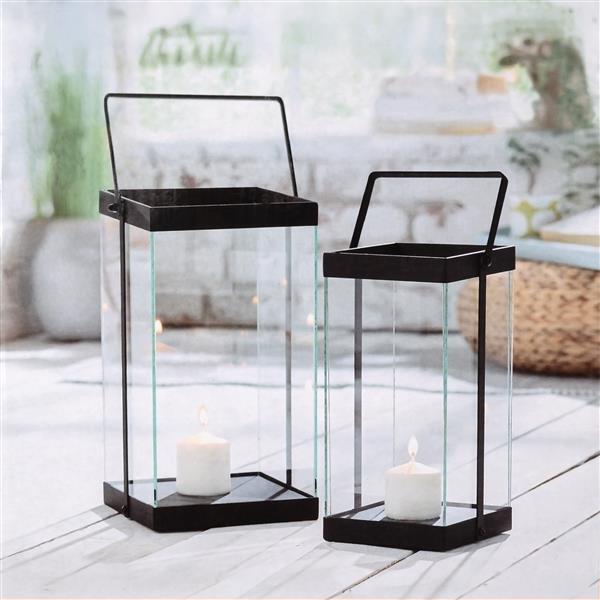 2er Set Edelstahl Bodenlaterne mit Echtglasscheiben, Höhe: 35 & 30 cm, schwarz