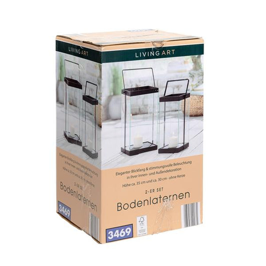 2er Set Edelstahl Bodenlaterne mit Echtglasscheiben, Höhe: 35 & 30 cm, schwarz