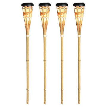 4er Set Solar LED Bambus Gartenfackel | warm-weiß beleuchtet mit Flammeneffekt | ca. 77 cm hoch | 1.500 mAh Akku