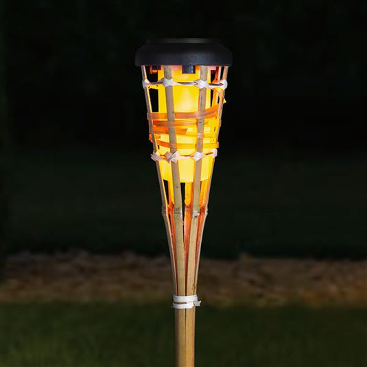 4er Set Solar LED Bambus Gartenfackel | warm-weiß beleuchtet mit Flammeneffekt | ca. 77 cm hoch | 1.500 mAh Akku