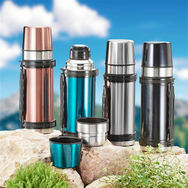 1 Liter Edelstahl Isolierflache mit 2 Trinkbecher und Schnellverschluss | doppelwandig | mit Tragegurt