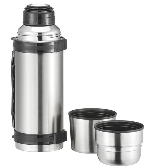 1 Liter Edelstahl Isolierflache mit 2 Trinkbecher und Schnellverschluss | doppelwandig | mit Tragegurt