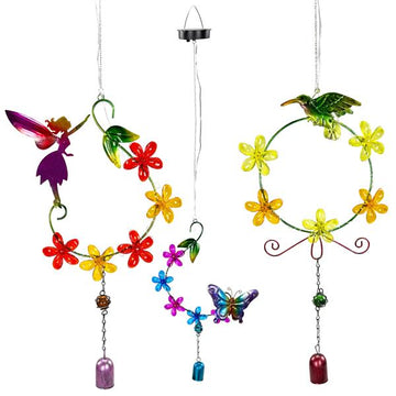 Solar Windspiel mit bunten LED Blumen und Glocke | aus Metall | 5 Lichter | solarbetrieben | automatische Einschaltung | ca. 79 cm