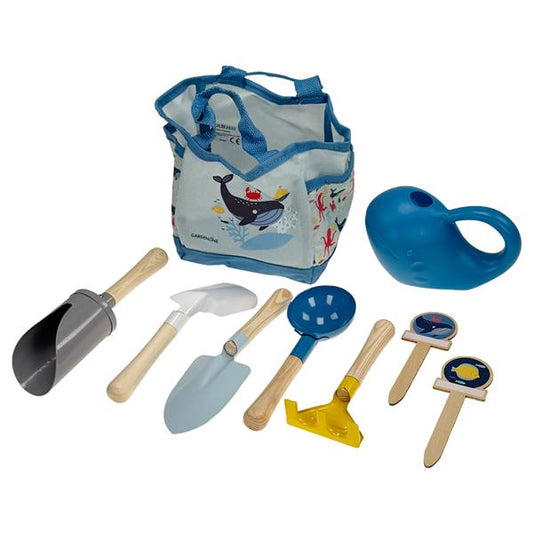 9-teiliges Kinder Gartengeräte Set | Gartenwerkzeug Set bestehend aus 4 Schaufeln, Harke, 2 Pflanzschilder, Gießkanne und Tasche | Gartenhelfer mit Holzgriff