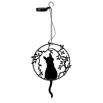 Metall Silhouette Katze mit LED Solar Beleuchtung | 48 warm-weiße LED | inkl. Kette und Haken zum Aufhängen | ca. 68 cm