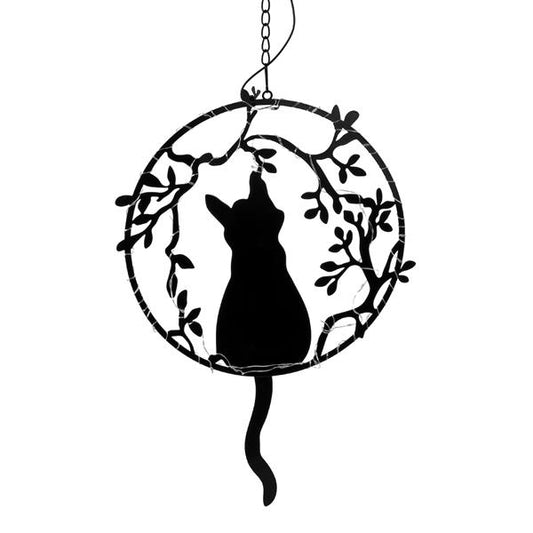 Metall Silhouette Katze mit LED Solar Beleuchtung | 48 warm-weiße LED | inkl. Kette und Haken zum Aufhängen | ca. 68 cm