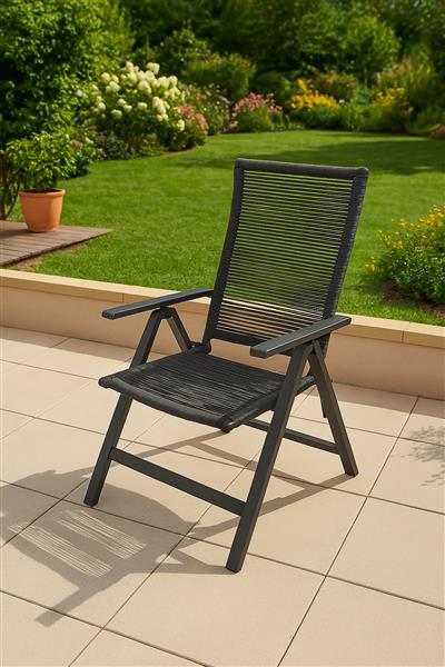 belavi® Rope-Klappsessel | verstellbarer Gartenstuhl klappbar mit Armlehnen, wetterfest & UV-beständig, ideal für Balkon & Terrasse | Seil-Bespannung | grau