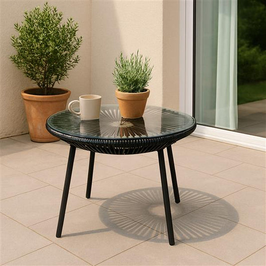 belavi® Moderner Beistelltisch mit Glasplatte im Rope-Design | ca. 52 cm hoch, Ø 53 cm | für innen und außen