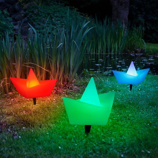 LED Solar Schiffchen im Origami-Stil mit RGBW Licht, wasserdicht, stylische Solarlampe für außen, für Garten, Beet, Teich, Pool