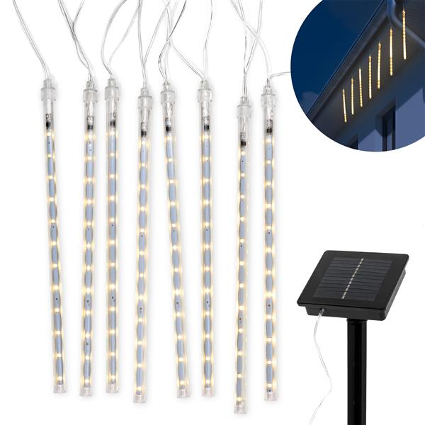 LED Solar Lichterkette Meteor | 8 Regenlichter mit 192 LED | warmweiß beleuchtet | 2 Lichtmod – Dauerleuchten oder Meteorschauer | für Außen | 2,1 m + 2,8 m Zuleitung
