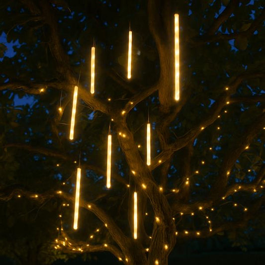 LED Solar Lichterkette Meteor | 8 Regenlichter mit 192 LED | warmweiß beleuchtet | 2 Lichtmod – Dauerleuchten oder Meteorschauer | für Außen | 2,1 m + 2,8 m Zuleitung