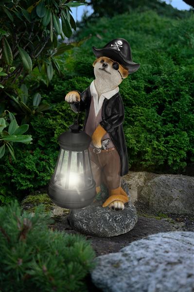 Erdmännchen Gartenfigur mit LED Licht und Solar-Technik, Stein-Optik (Pirat)