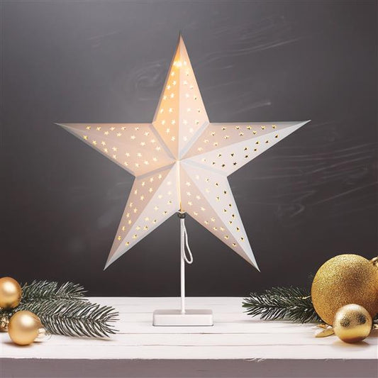 LED Tischleuchte mit Sternen-Lampenschirm und Metallfuß | Ø 60 cm x 75 cm | 6/18 Stunden Timer | batteriebetrieben | weiß