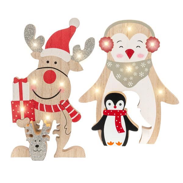 Weihnachts-Holzfigur, 2er Set  mit 6 LED beleuchtet | batteriebetrieben | Dual-Timer